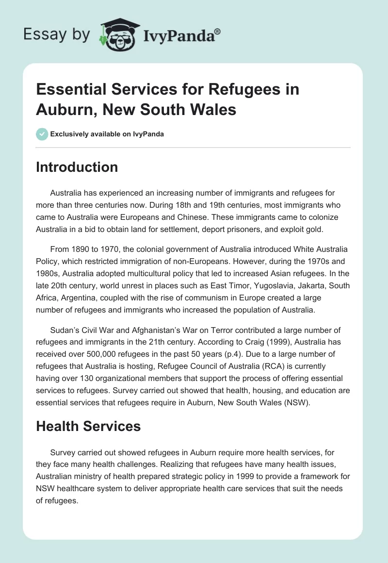 Essential Services for Refugees in Auburn, New South Wales. Page 1