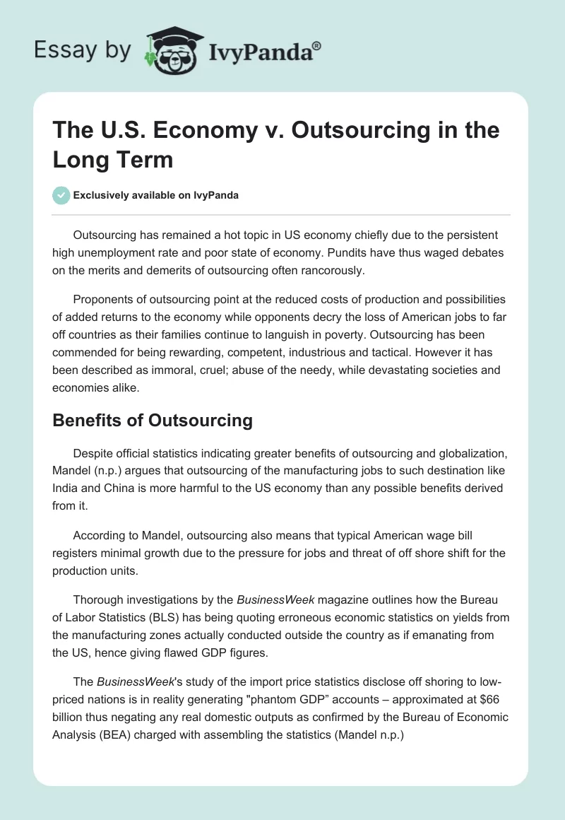 The U.S. Economy vs. Outsourcing in the Long Term. Page 1