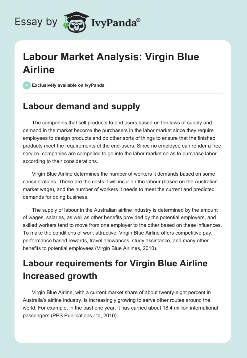 Labour Market Analysis: Virgin Blue Airline. Page 1