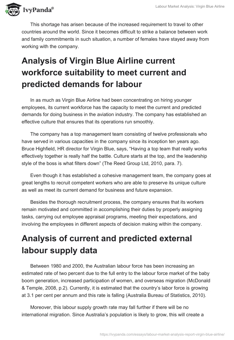Labour Market Analysis: Virgin Blue Airline. Page 3