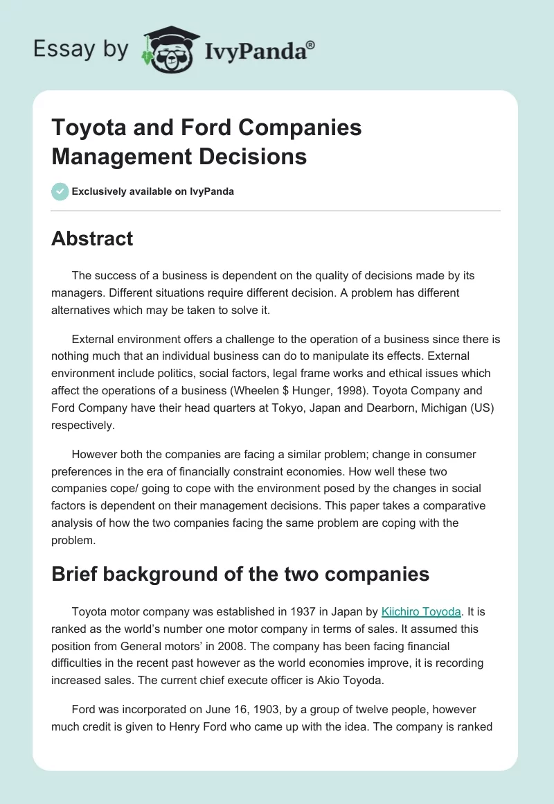 Toyota and Ford Companies Management Decisions. Page 1