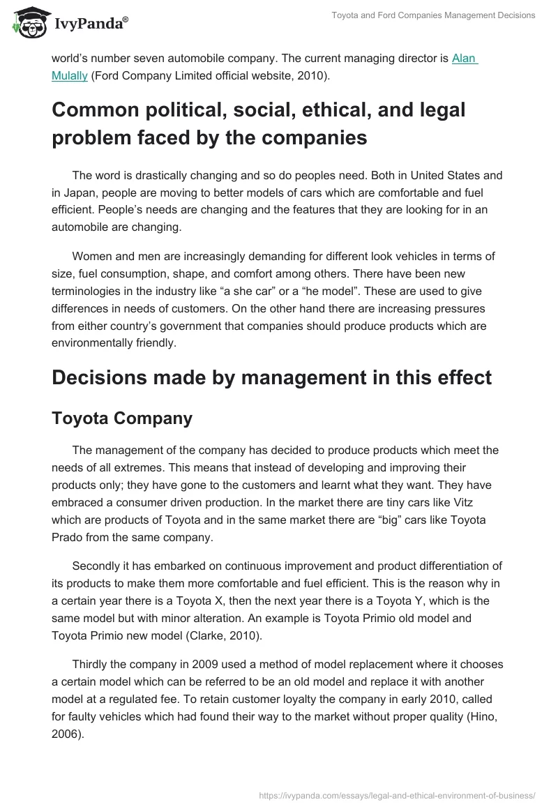 Toyota and Ford Companies Management Decisions. Page 2