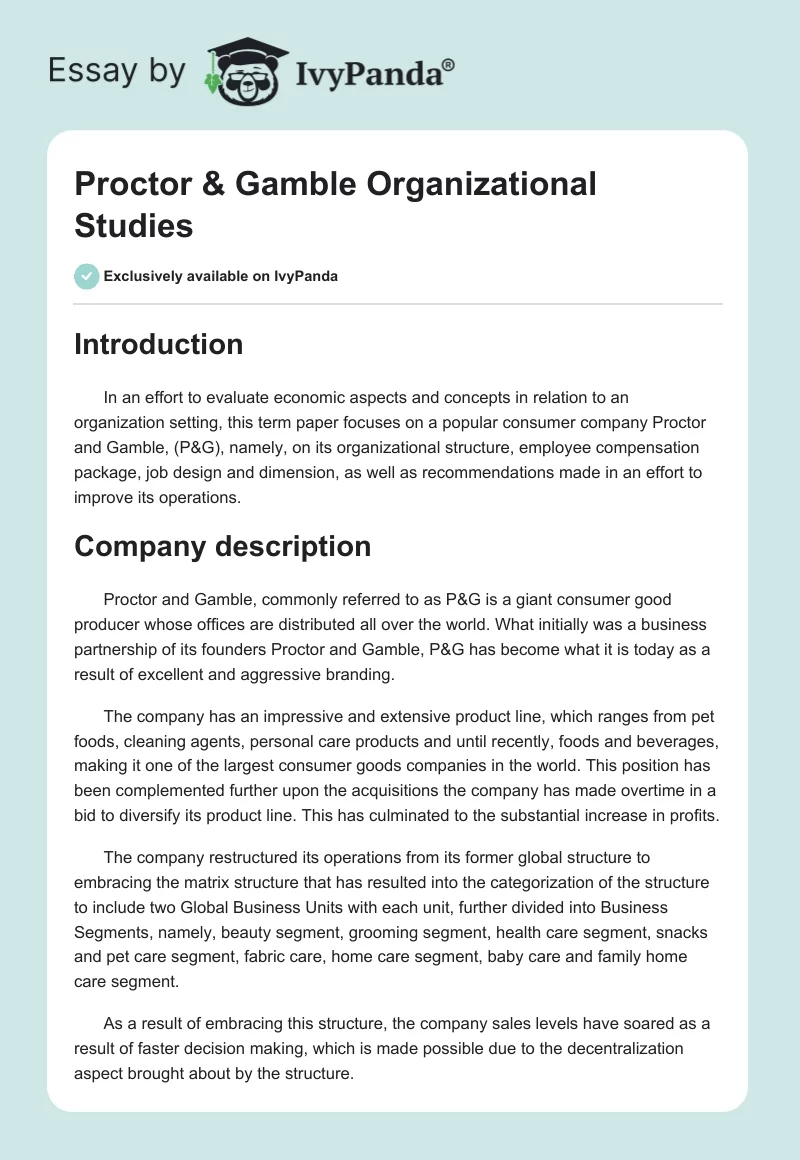 Proctor & Gamble Organizational Studies. Page 1
