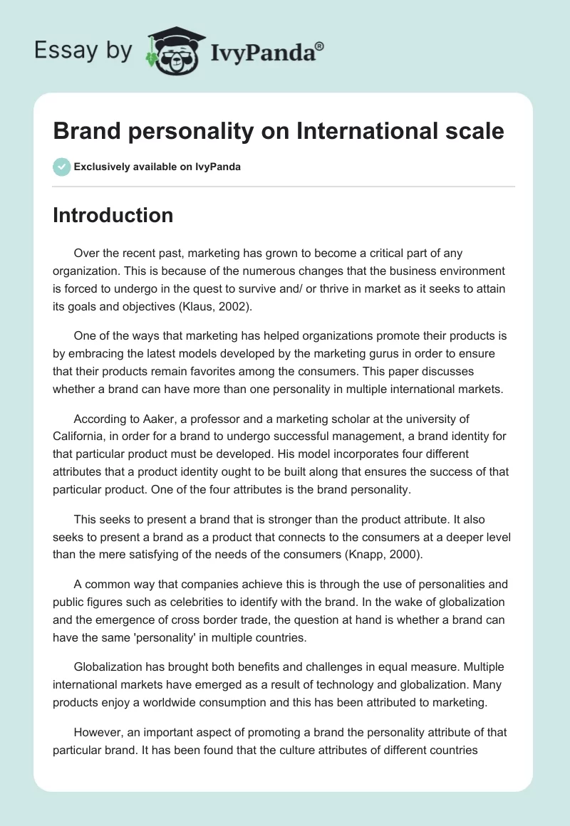 Brand Personality on International Scale. Page 1