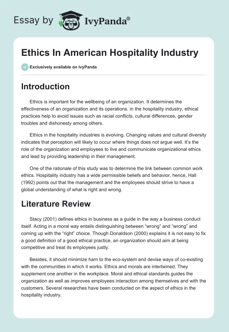Ethics In American Hospitality Industry. Page 1