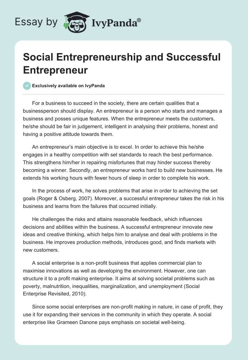 Social Entrepreneurship and Successful Entrepreneur. Page 1