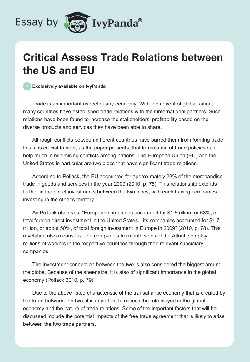 Critical Assess Trade Relations between the US and EU. Page 1