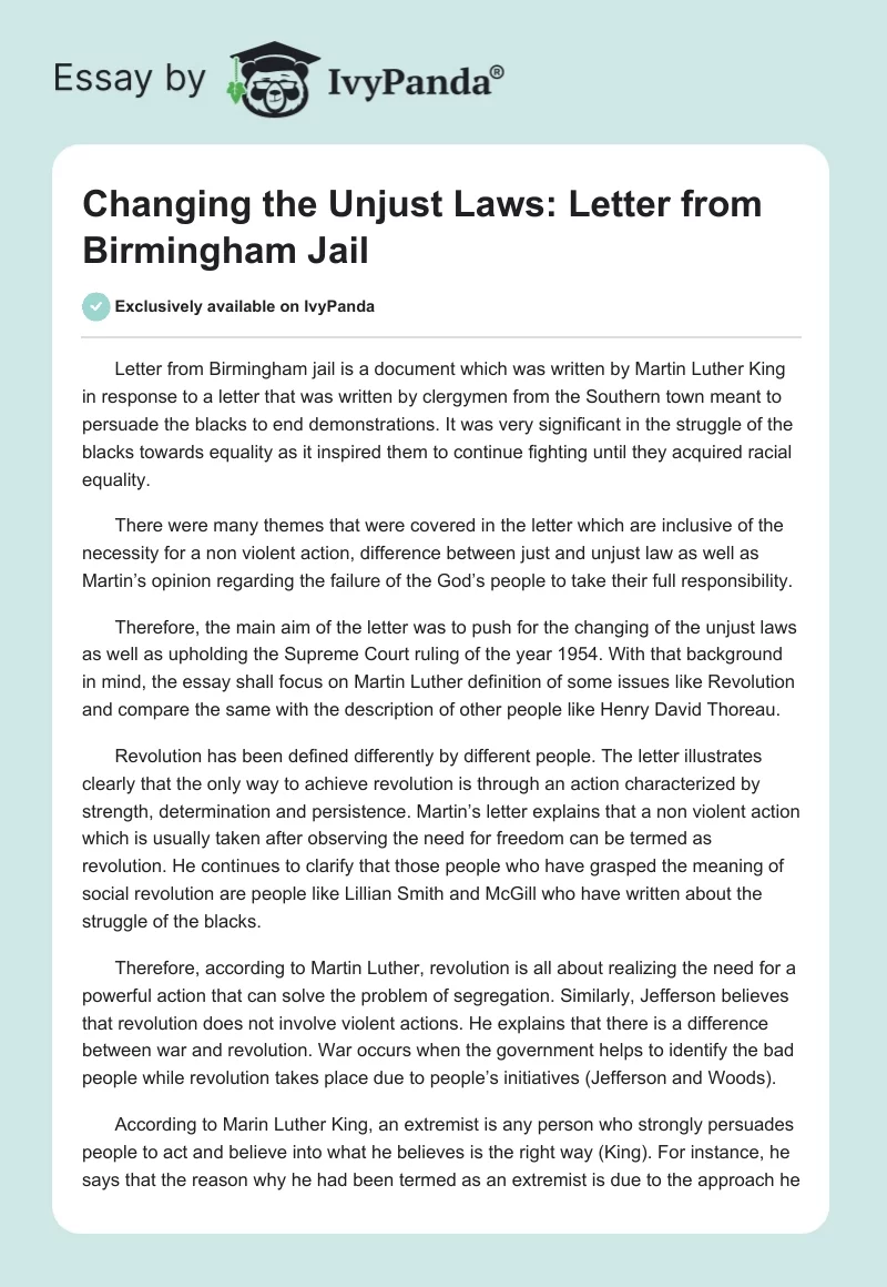 Changing the Unjust Laws: "Letter From Birmingham Jail". Page 1