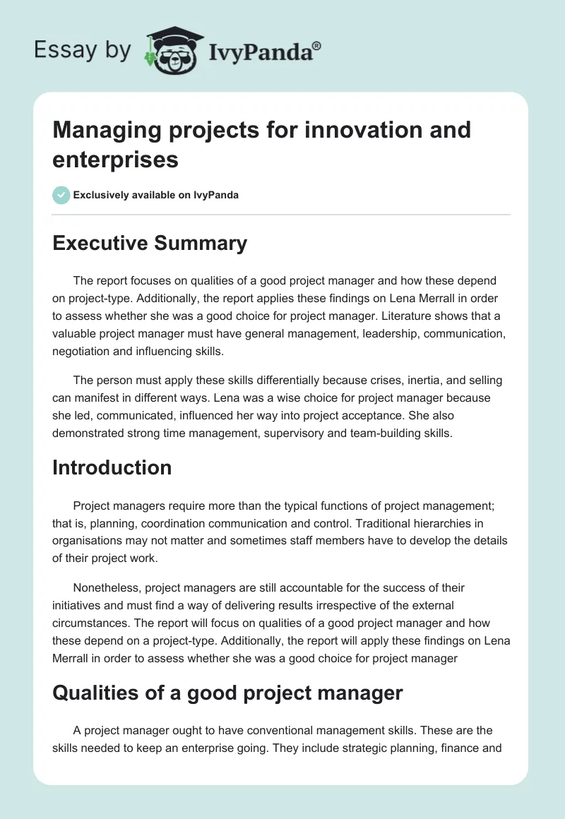 Managing projects for innovation and enterprises. Page 1