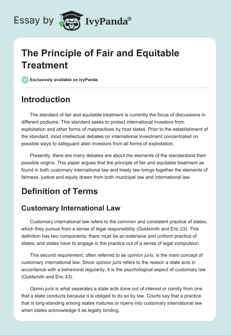 The Principle of Fair and Equitable Treatment. Page 1