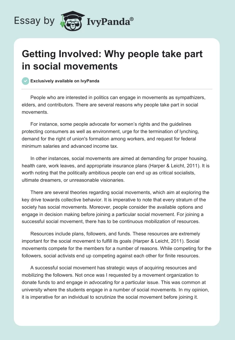 Getting Involved: Why people take part in social movements. Page 1
