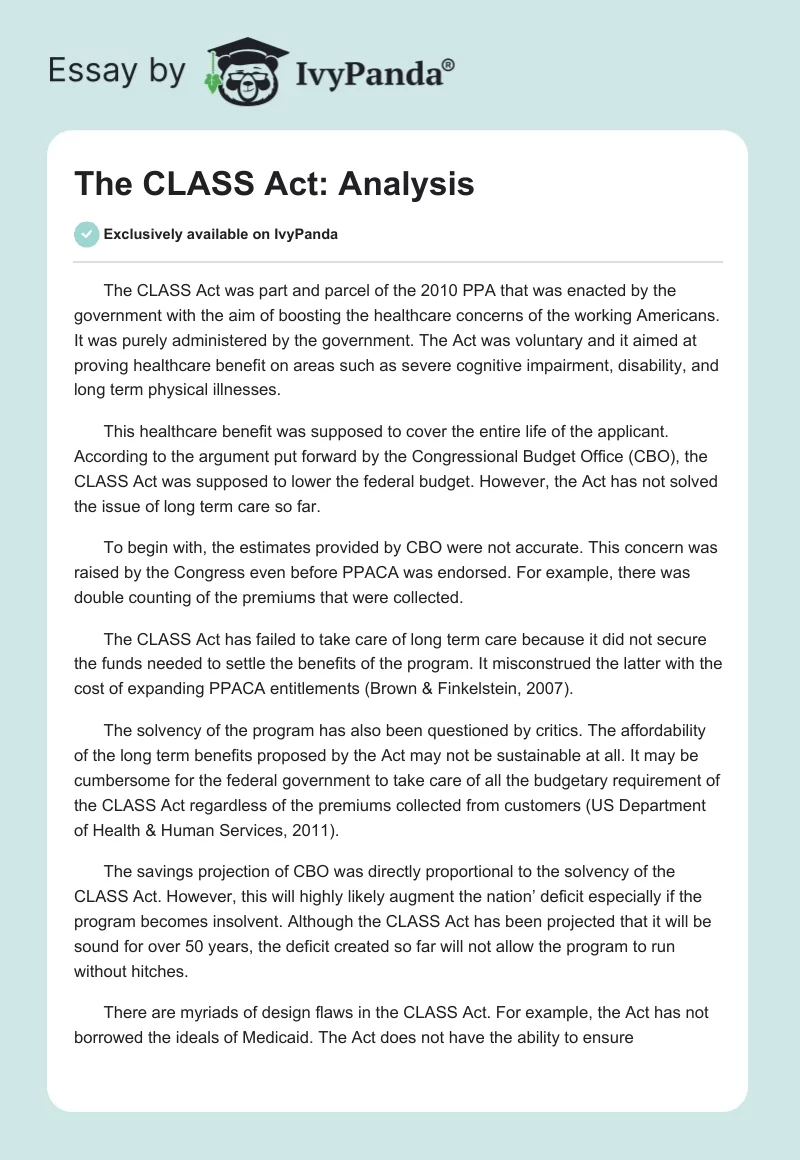 The CLASS Act: Analysis. Page 1