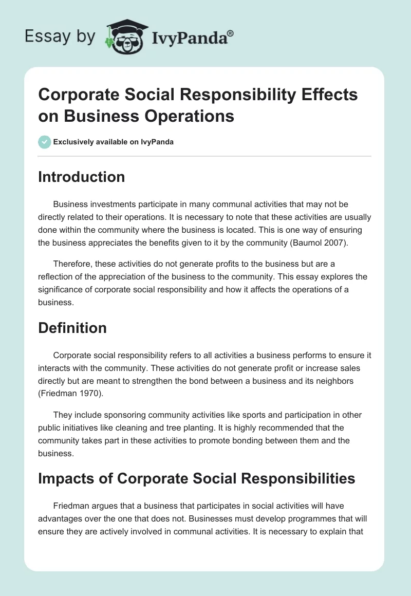 Corporate Social Responsibility Effects on Business Operations. Page 1
