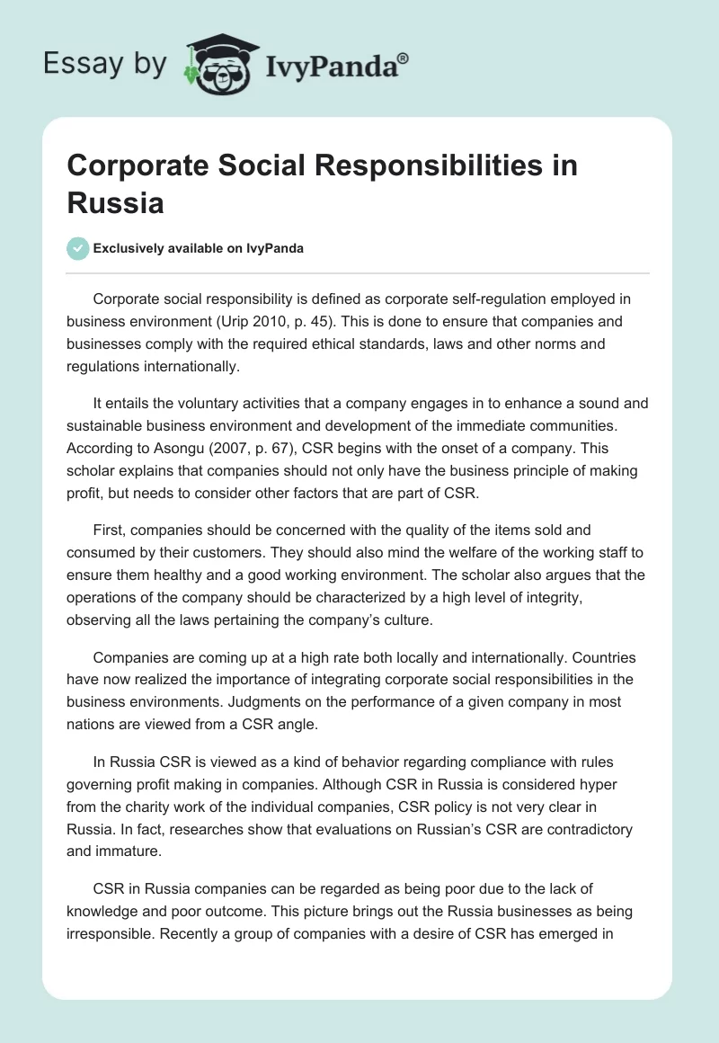 Corporate Social Responsibilities in Russia. Page 1