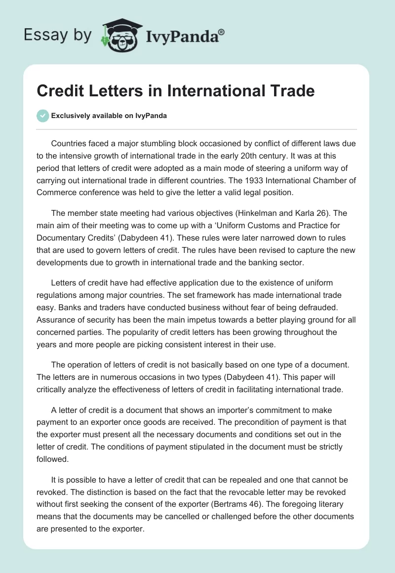 Credit Letters in International Trade. Page 1