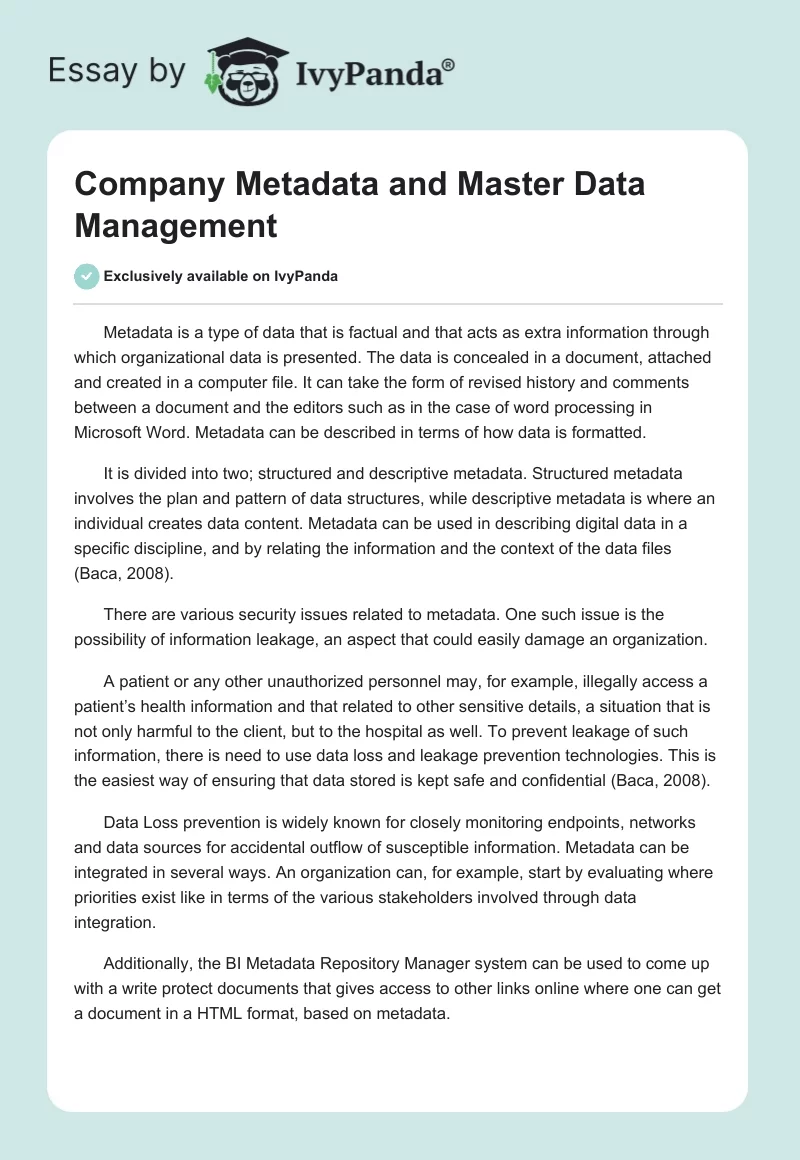 Company Metadata and Master Data Management - 634 Words | Research ...