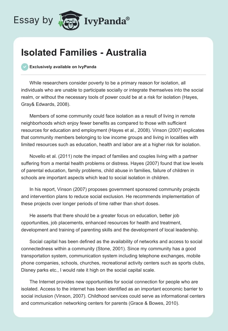 Isolated Families - Australia. Page 1