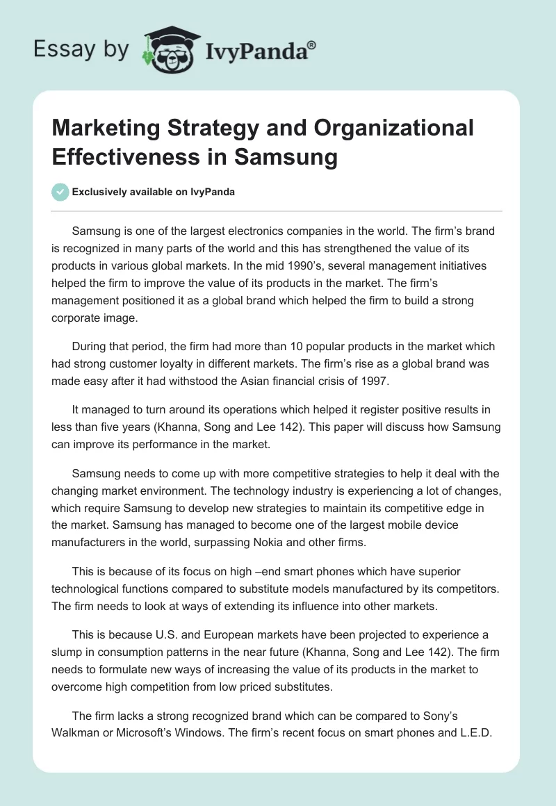 Marketing Strategy and Organizational Effectiveness in Samsung. Page 1