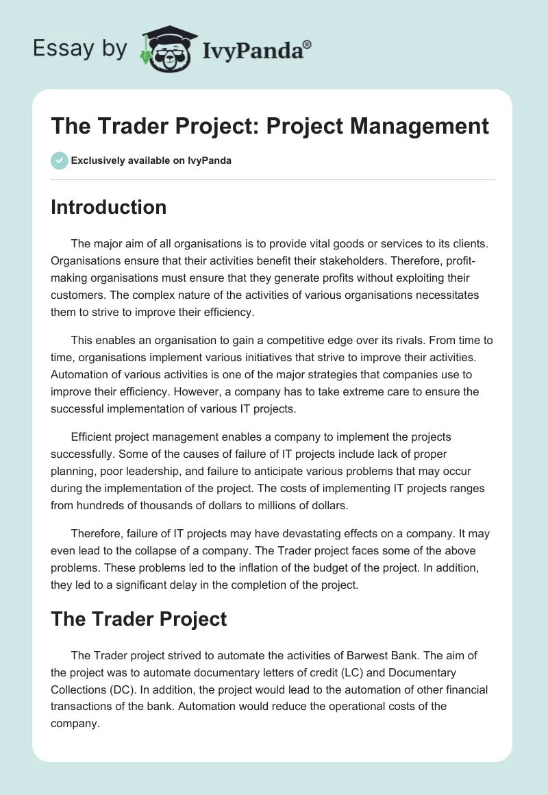 The Trader Project: Project Management. Page 1