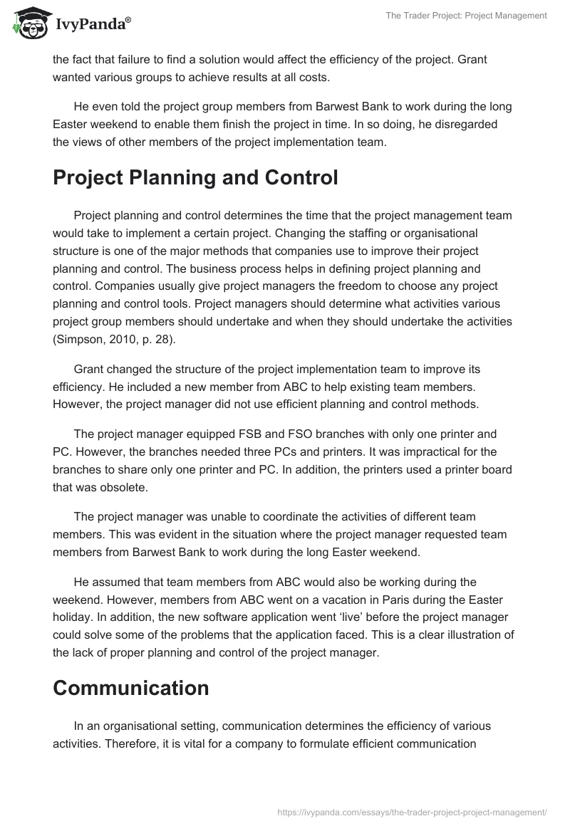 The Trader Project: Project Management. Page 3