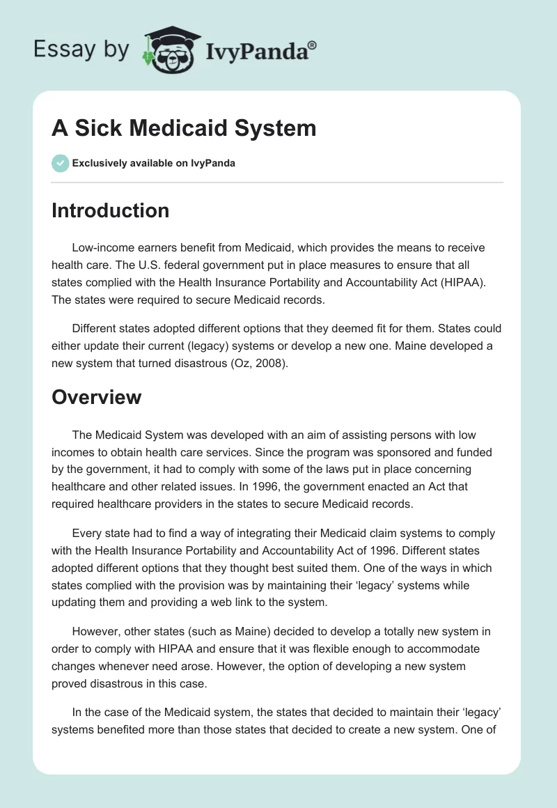 A Sick Medicaid System. Page 1