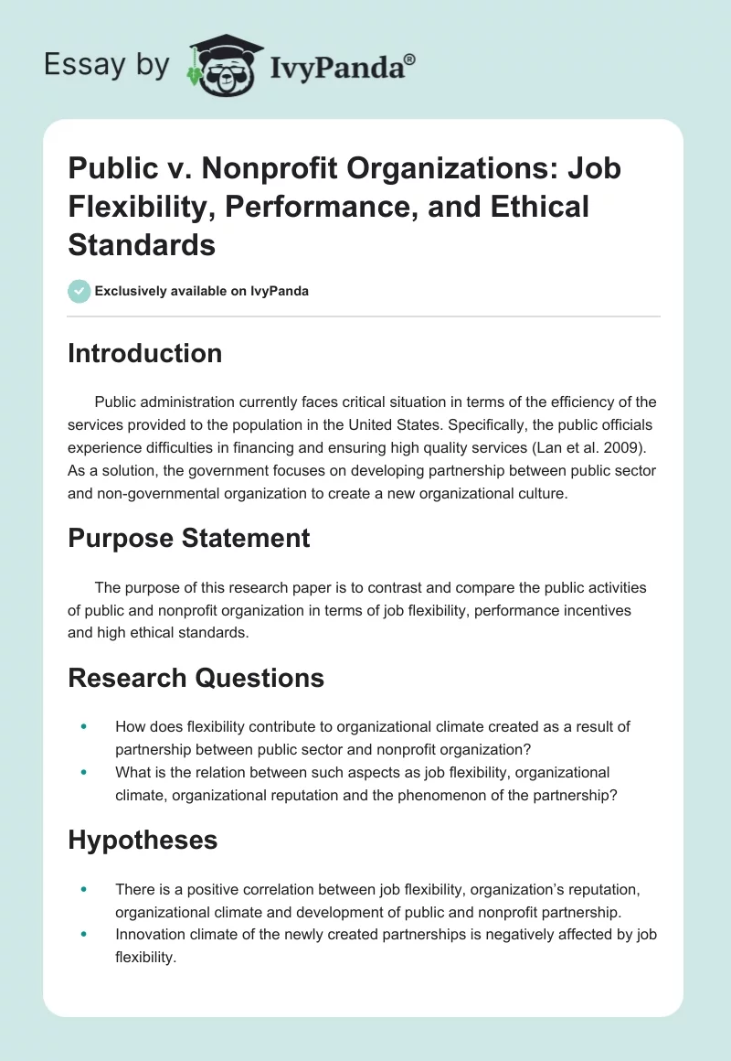 Public vs. Nonprofit Organizations: Job Flexibility, Performance, and Ethical Standards. Page 1