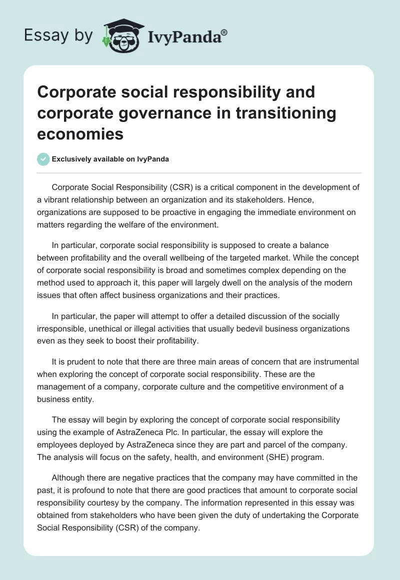 Corporate social responsibility and corporate governance in transitioning economies. Page 1