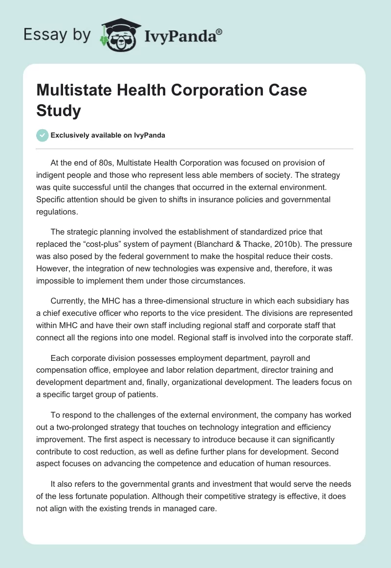 Multistate Health Corporation Case Study. Page 1