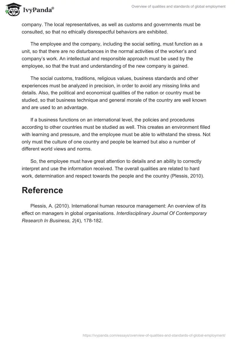 Overview of qualities and standards of global employment. Page 2