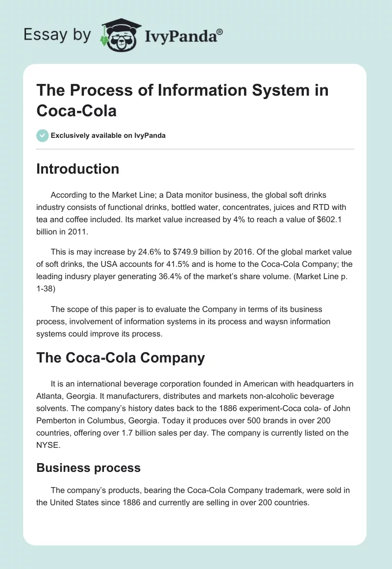 Coca Cola Information Systems & Its Process: Report. Page 1