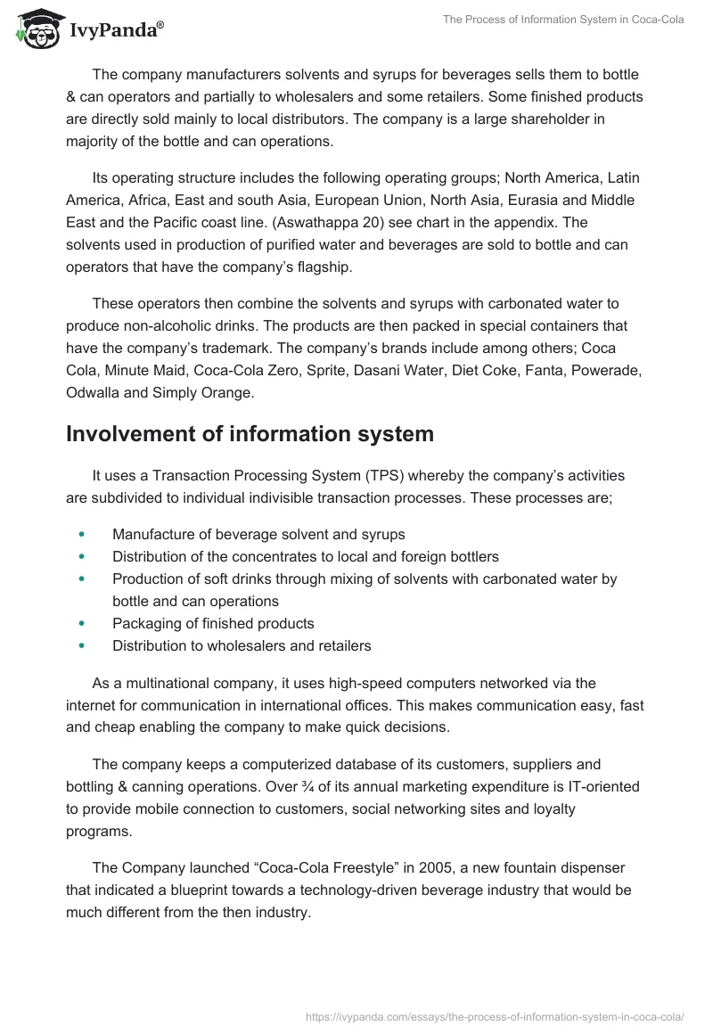 Coca Cola Information Systems & Its Process: Report. Page 2