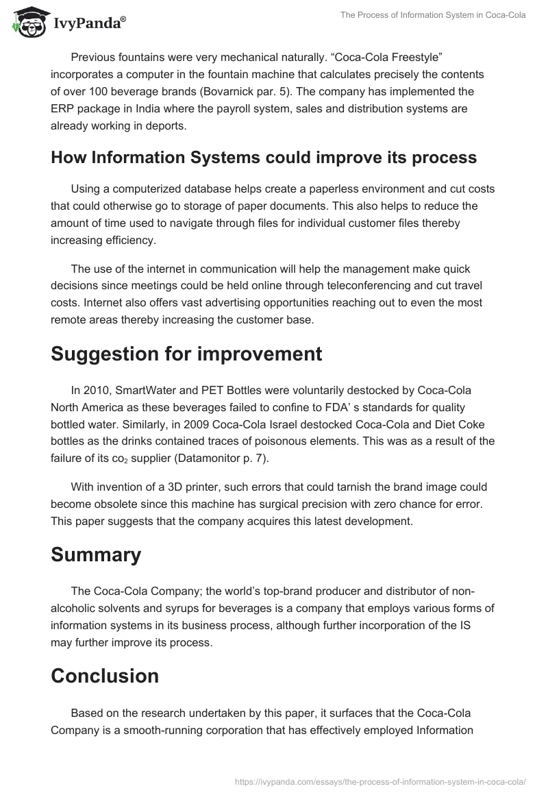 Coca Cola Information Systems & Its Process: Report. Page 3