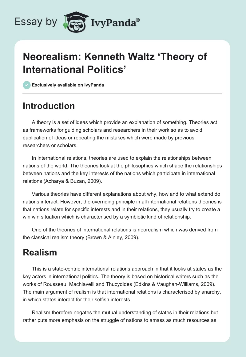 Neorealism: Kenneth Waltz ‘Theory of International Politics’. Page 1