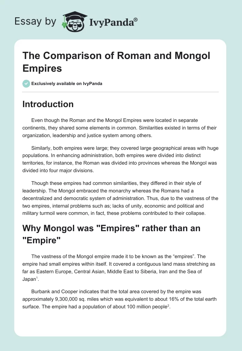 The Comparison of Roman and Mongol Empires. Page 1