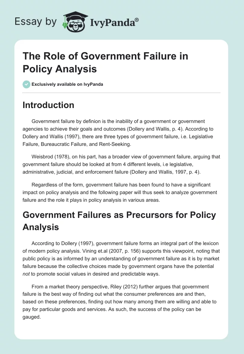 The Role of Government Failure in Policy Analysis. Page 1