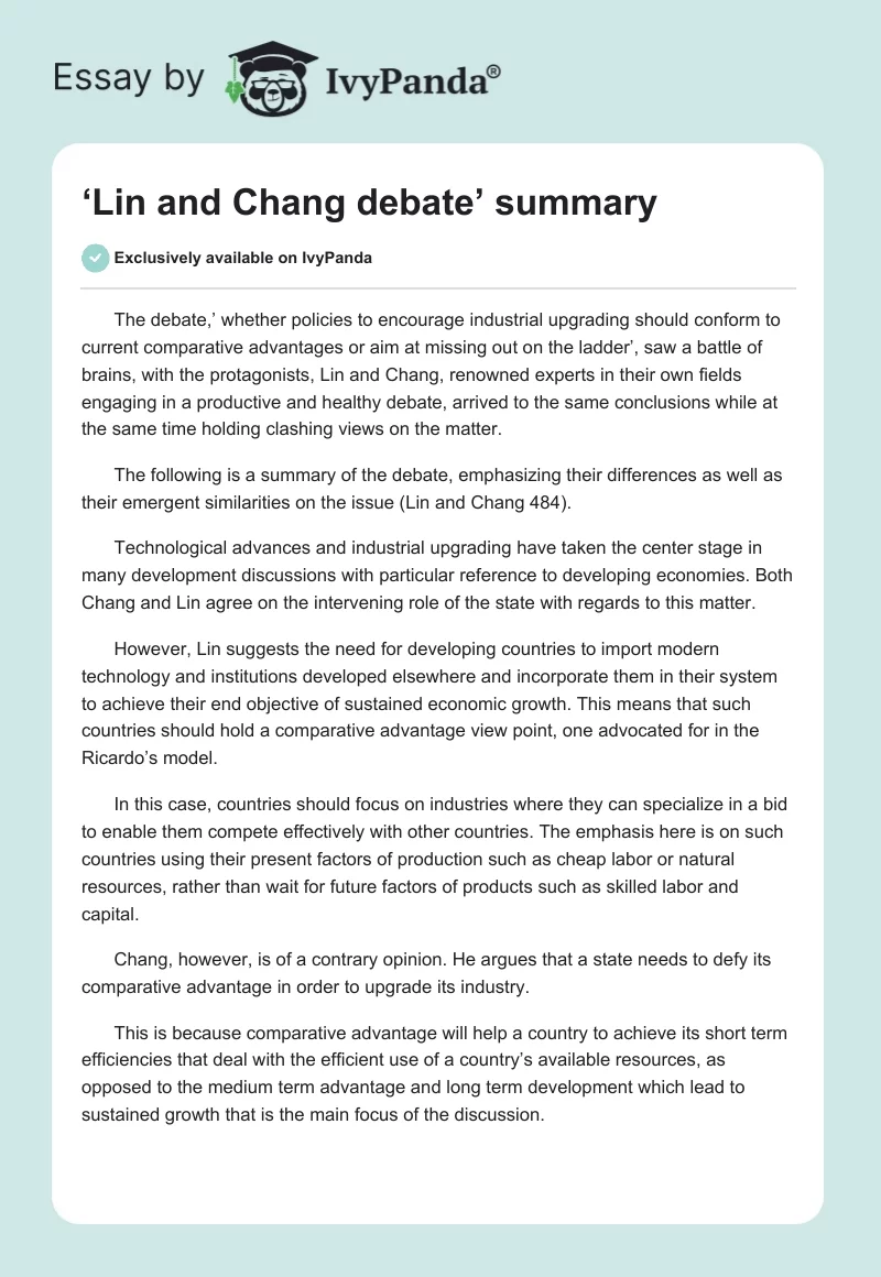 ‘Lin and Chang debate’ summary. Page 1