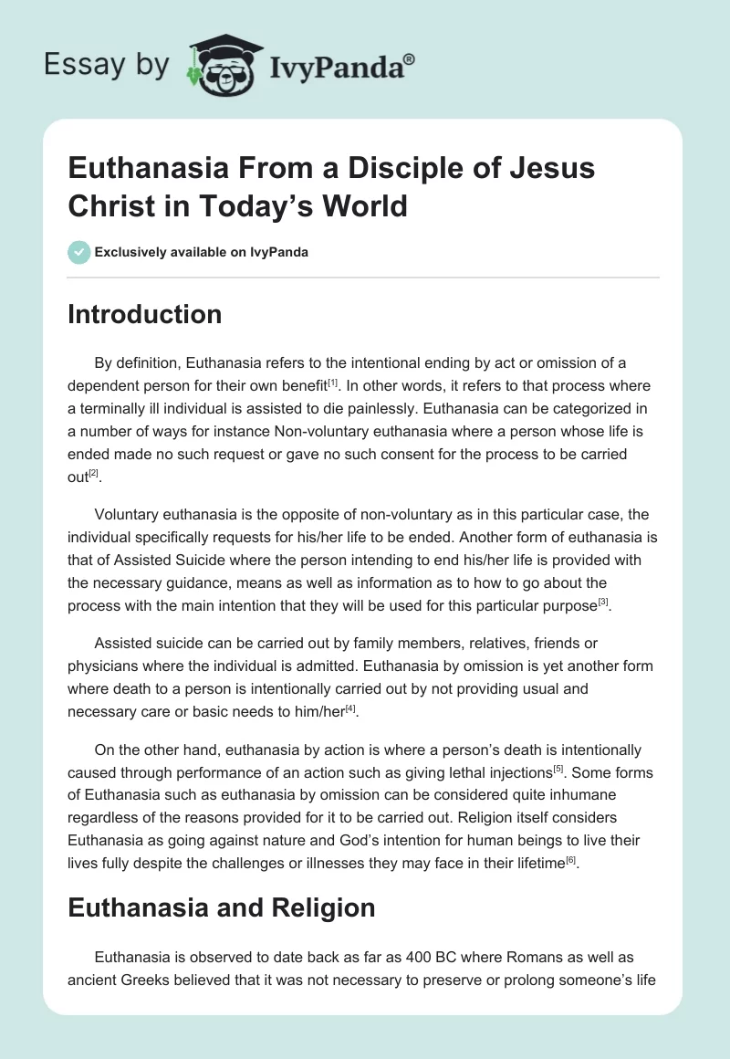 Euthanasia From a Disciple of Jesus Christ in Today’s World. Page 1