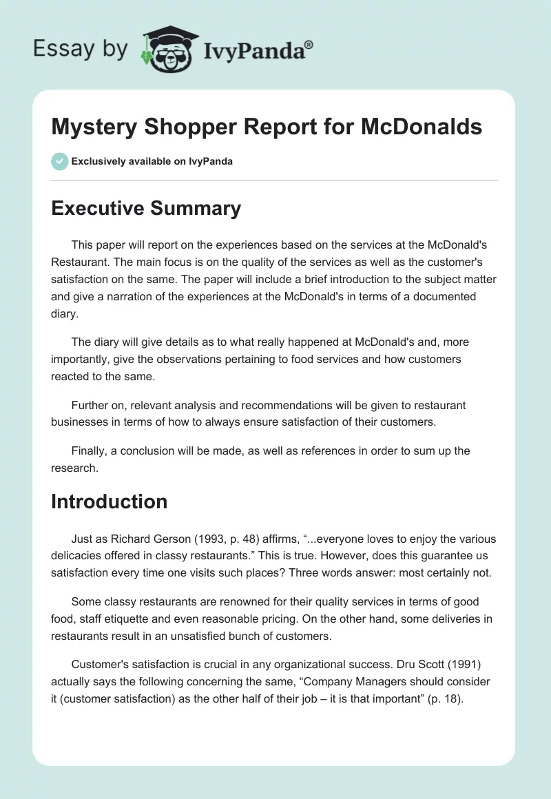 Mystery Shopper Report for McDonalds. Page 1