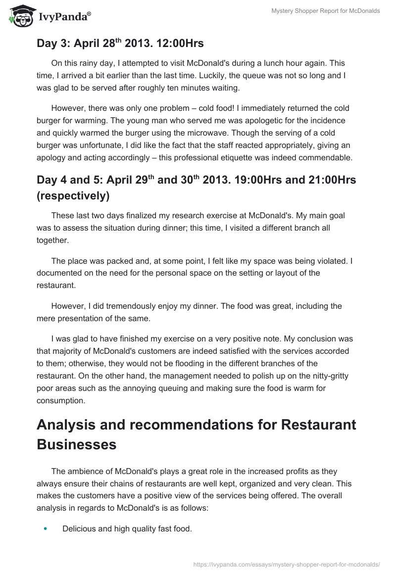 Mystery Shopper Report for McDonalds. Page 4