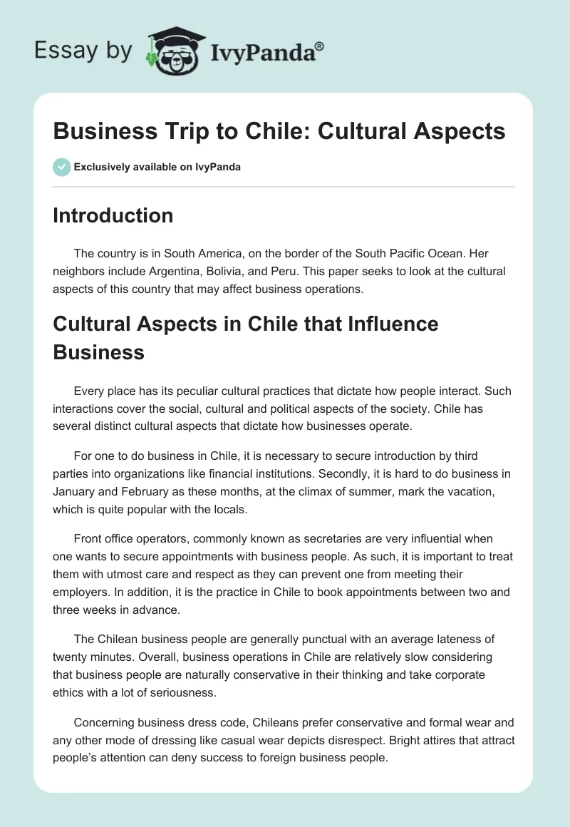 Business Trip to Chile: Cultural Aspects. Page 1
