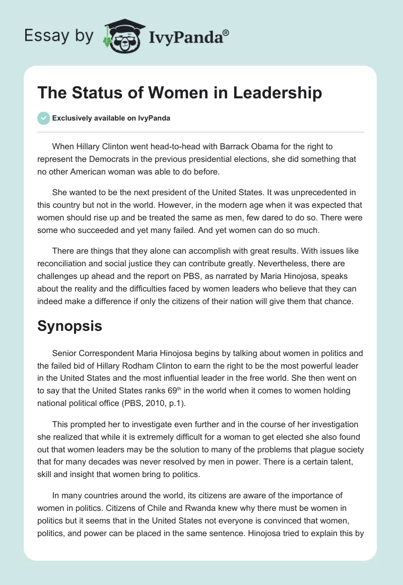 The Status of Women in Leadership. Page 1