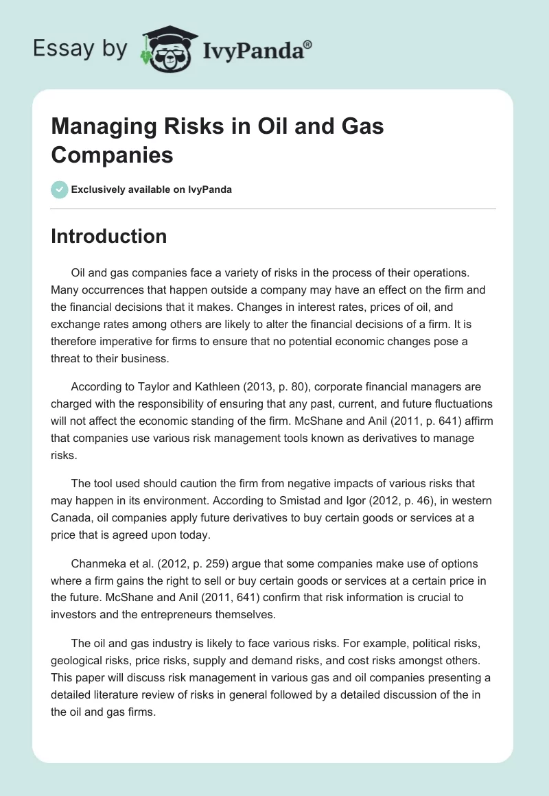 Managing Risks in Oil and Gas Companies. Page 1