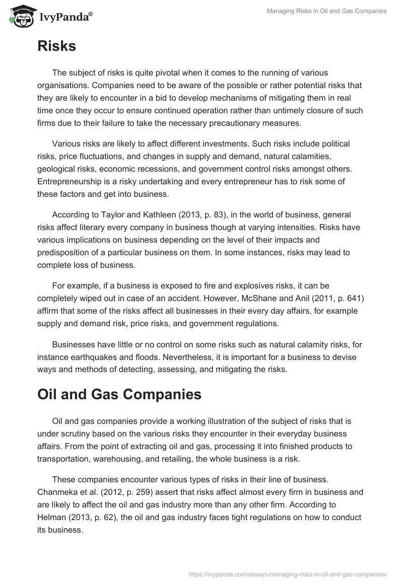 Managing Risks in Oil and Gas Companies. Page 2