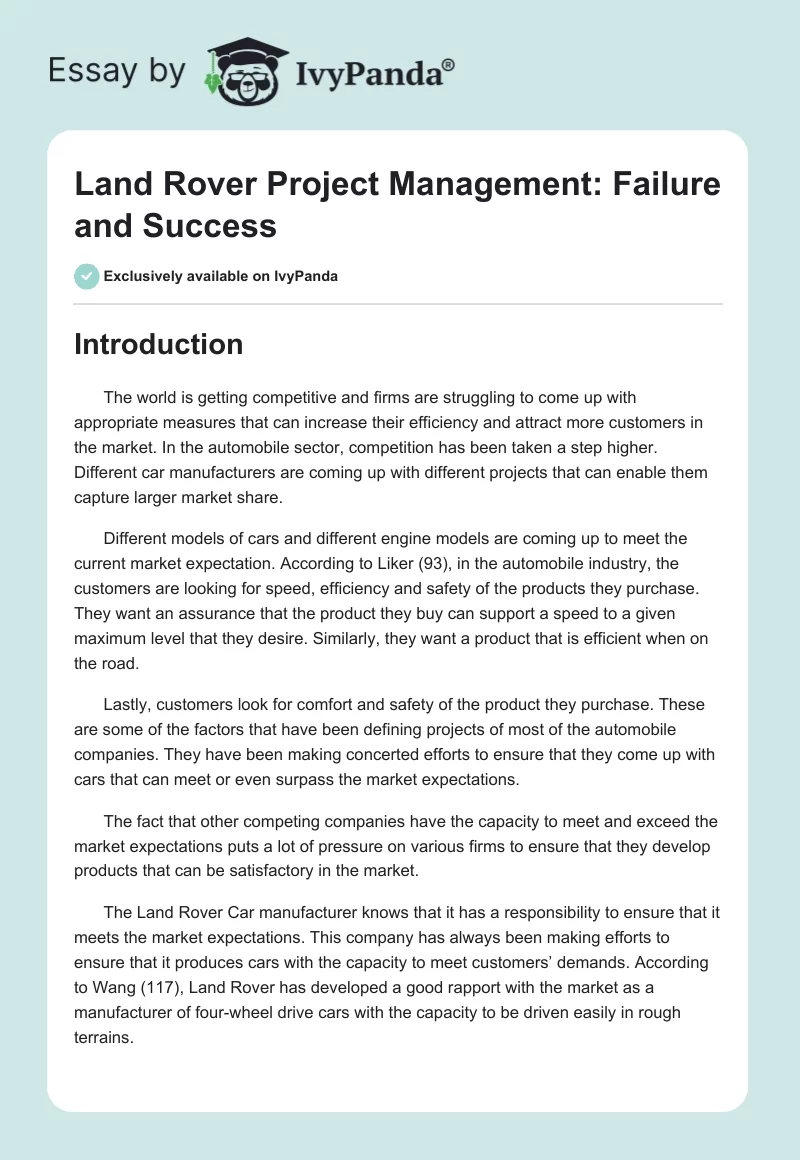 Land Rover Project Management: Failure and Success. Page 1