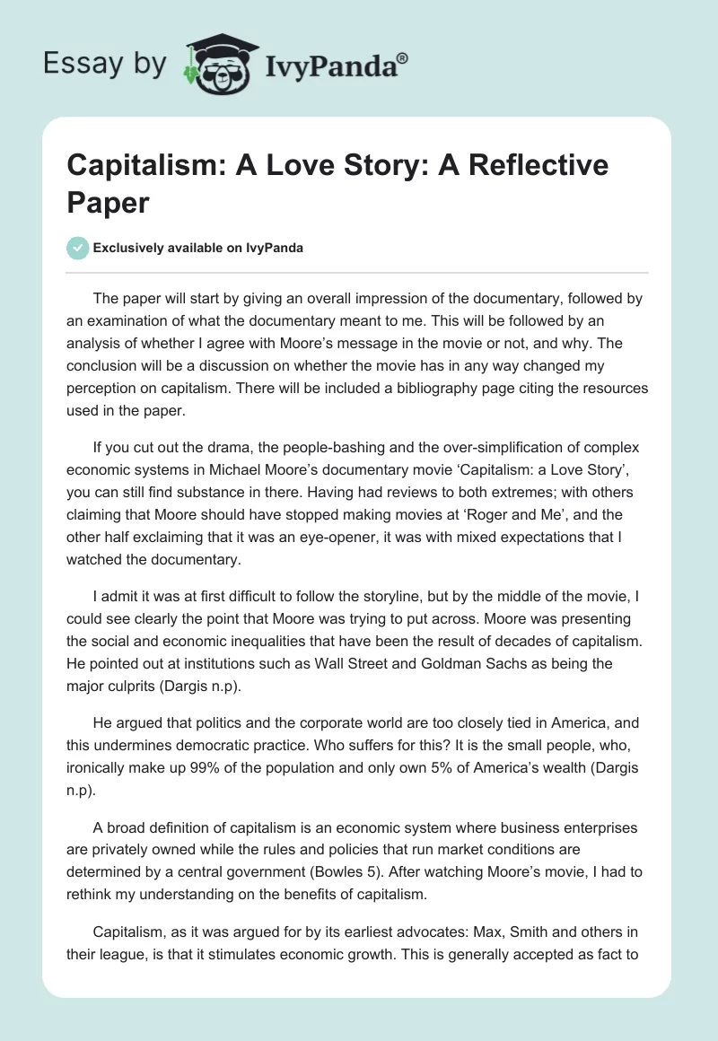Capitalism: A Love Story: A Reflective Paper. Page 1