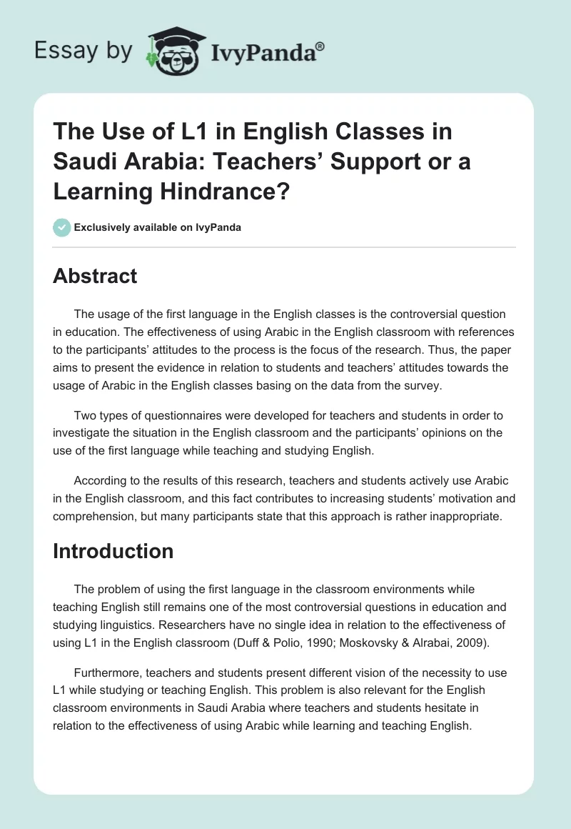 The Use of L1 in English Classes in Saudi Arabia: Teachers’ Support or a Learning Hindrance?. Page 1