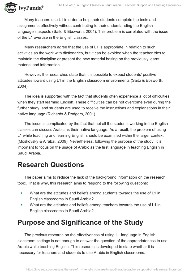 The Use of L1 in English Classes in Saudi Arabia: Teachers’ Support or a Learning Hindrance?. Page 4