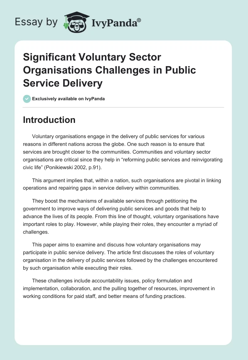 Significant Voluntary Sector Organisations Challenges in Public Service Delivery. Page 1