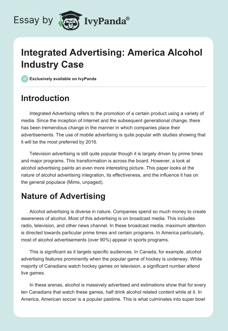 Integrated Advertising: America Alcohol Industry Case. Page 1