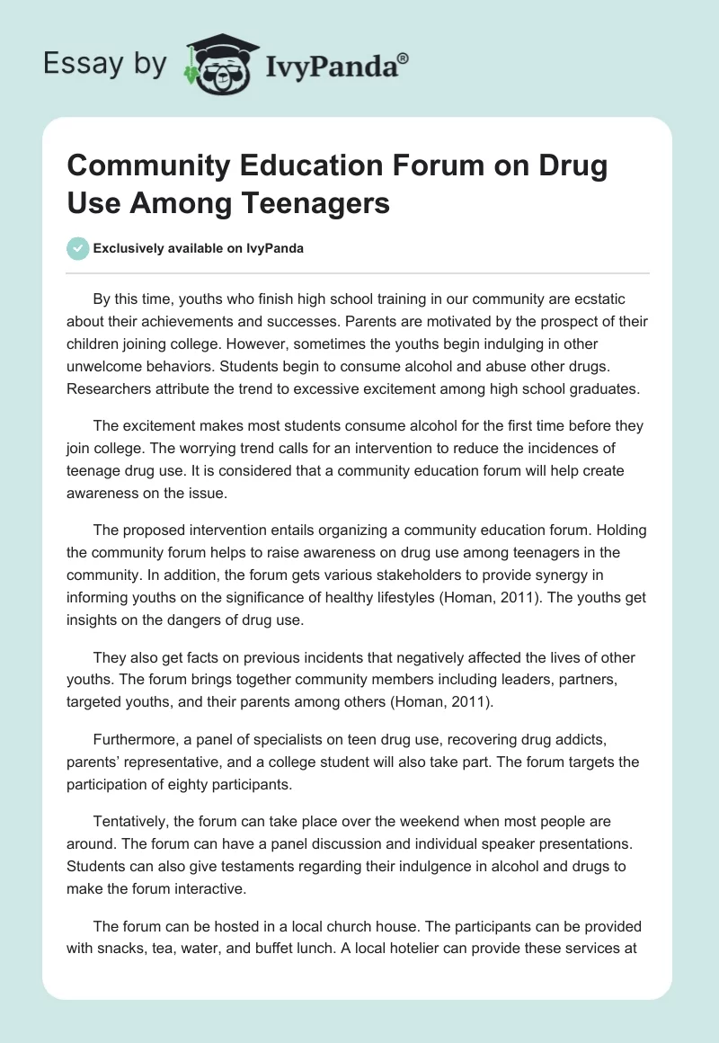 Community Education Forum on Drug Use Among Teenagers. Page 1